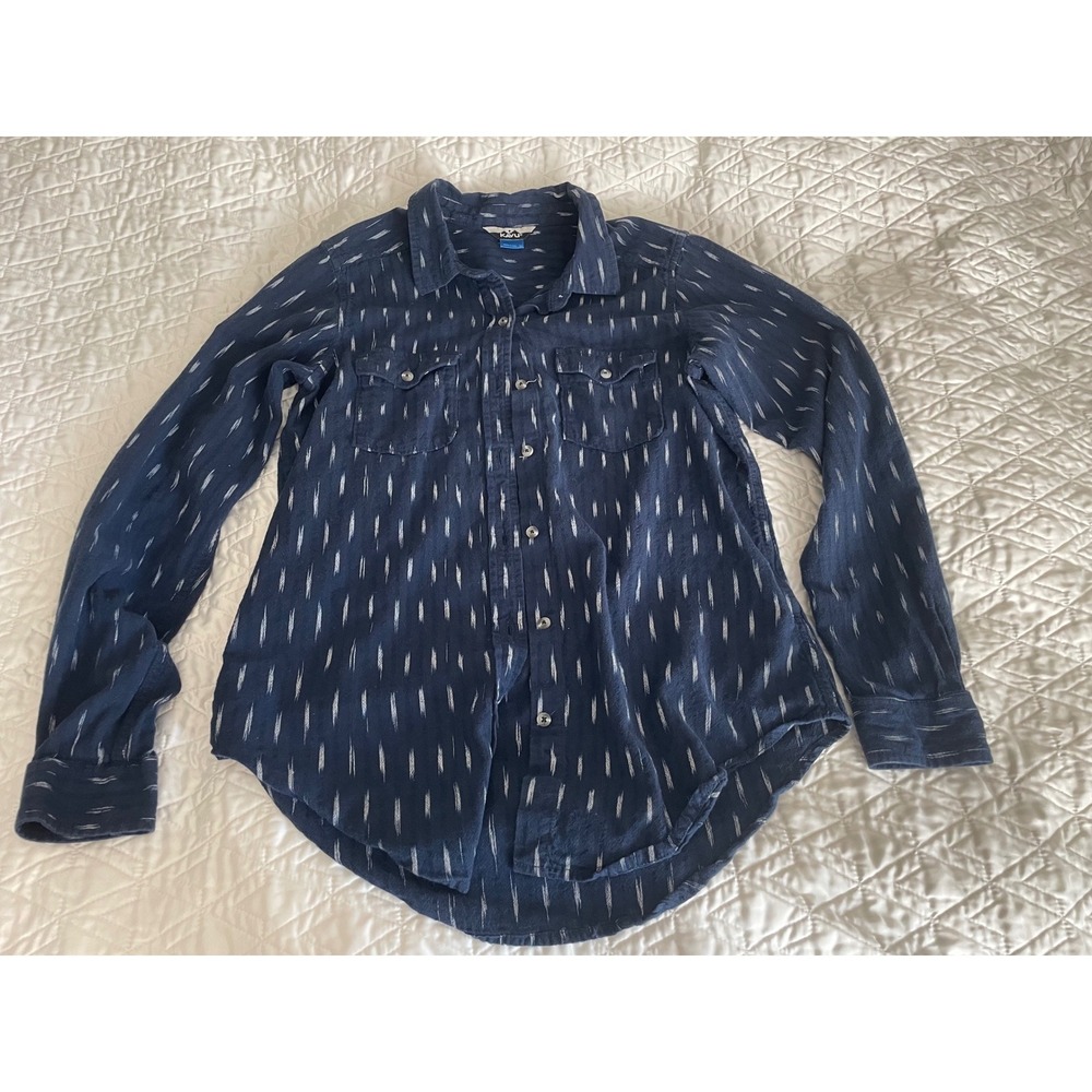 KAVU Button Down Shirt Navy Blue Ikat Pattern Long Sleeve Cotton Outdoor Size-M